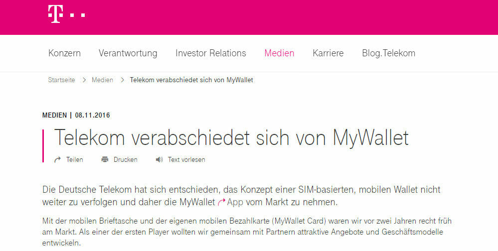 Telekom myWallet verabschiedet sich