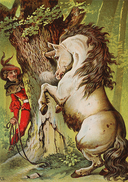 Altes Bild (aus dem 19. Jahrhundert) eines Märchenbuchs von Carl Offterdinger. Das Bild zeigt das tapfere Schneiderlein hinter einem Baum versteckt. Auf der Vorderseite steckt ein Einhorn mit seinem Horn im Baum fest.