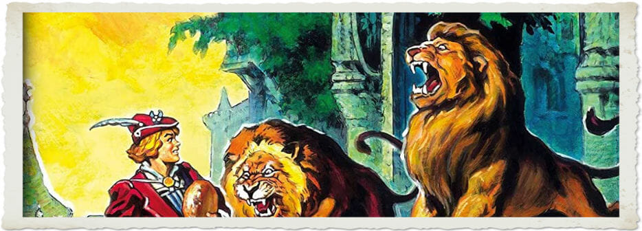 Beitragsbild zur Rezension des Hörspiels Grimms Märchen 12. Auf dem Bild ist ein junger, blonder Prinz in einem roten Gewand zu sehen. Er trägt zwei golden wirkenden Steine und steht zwei Löwen gegenüber. Beide Löwen haben die Mäuler weit aufgerissen und bedrohen den Prinzen.