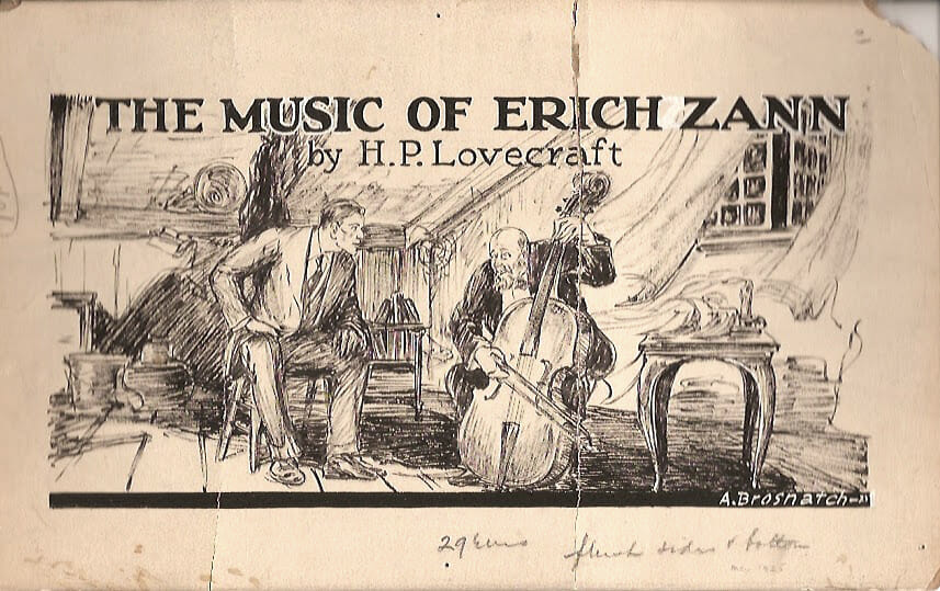 Titelbild von "The Music of Erich Zann" von 1922. Es ist der Student und Erich Zann in dessen Kemenate zu sehen. Zann spielt auf seinem Instrument, der Student hört aufmerksam zu.