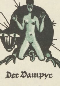 Titelbild Hoffmanns Geschcihte "Der Vampyr". Eine nackte Frau kniet über dem in altdeutsch geschriebenen Titel und hebt die Hände. Hinter ihr befindet sich ein großes rundes schwarzes etwas mit großen Augen und riesigen Zähnen.